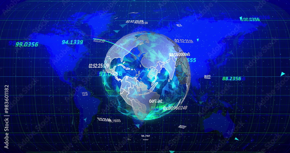 Image of data processing over globe and world map on black background Image of data processing over globe and world map on black background