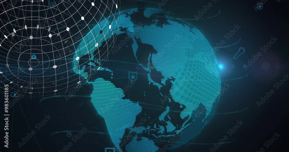 Fototapeta premium Image of globe of connections over world map on black background