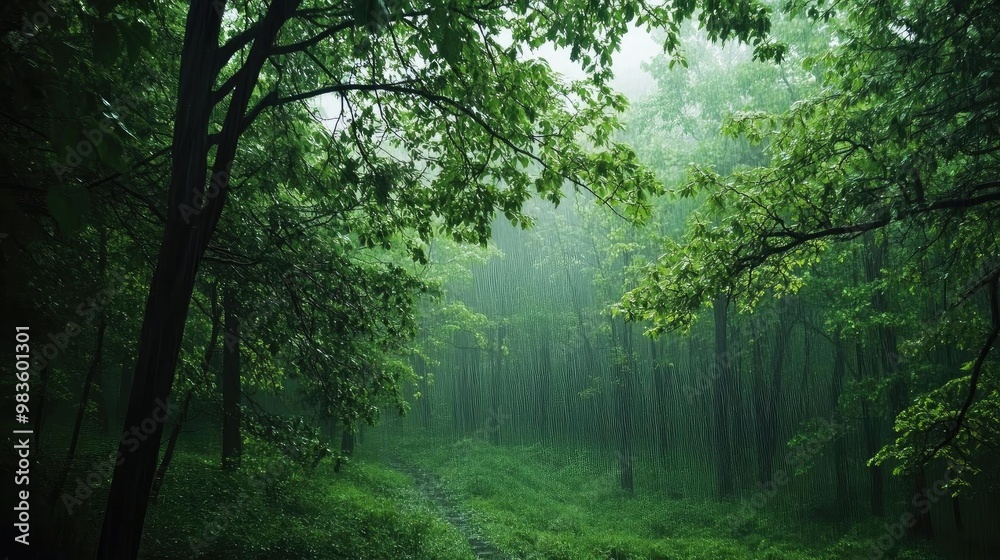 Obraz premium Misty forest pathway with lush green foliage creating a serene and tranquil atmosphere, perfect for nature lovers and explorers.