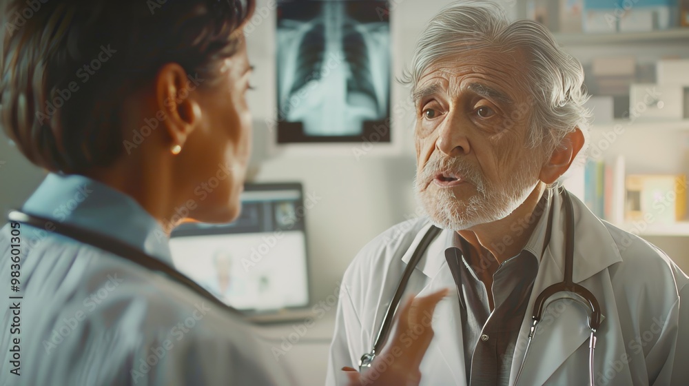 Obraz premium Radiology consultation female doctor discusses chest x ray with senior male patient in clinic