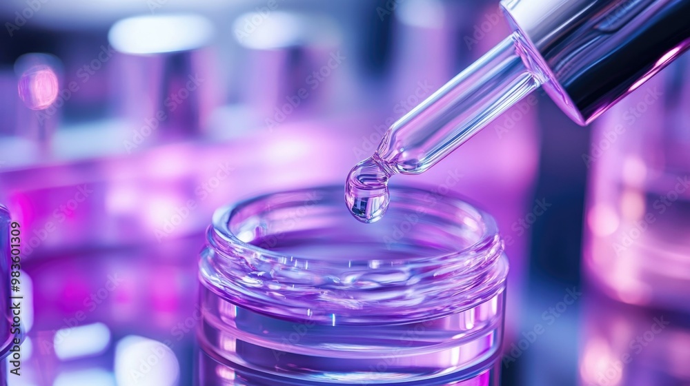 Close-up of pipettes with liquid in the laboratory. Neon lighting in purple and pink tones against a background of glass objects. The concept of futuristic skincare and scientific innovation. AI. Close-up of pipettes with liquid in the laboratory. Neon lighting in purple and pink tones against a background of glass objects. The concept of futuristic skincare and scientific innovation. AI.