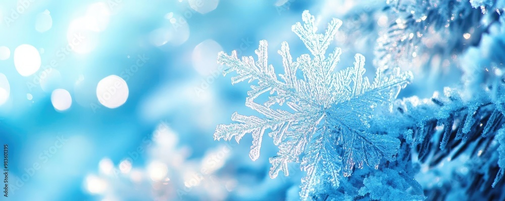 A beautiful close-up of a snowflake on a frosty surface, showcasing the intricate details and shimmering blue tones of winter. A beautiful close-up of a snowflake on a frosty surface, showcasing the intricate details and shimmering blue tones of winter.