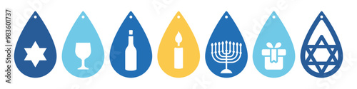 Set of Hanukkah teardrop designs for earrings, pendant or keychain. Jewelry silhouette cut template. Laser cutting with leather, wood or metal. Jewish holiday vector stencils