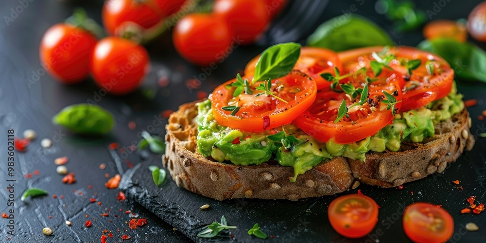 Tasty Open-Faced Sandwich with Crispy Sourdough, Creamy Avocado, and Juicy Tomatoes Tasty Open-Faced Sandwich with Crispy Sourdough, Creamy Avocado, and Juicy Tomatoes
