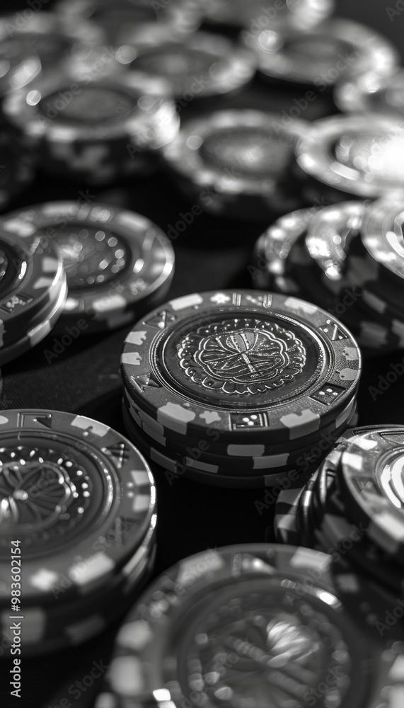 Close up of grayscale casino chips and cards on sleek black background showcasing intricate designs Close up of grayscale casino chips and cards on sleek black background showcasing intricate designs