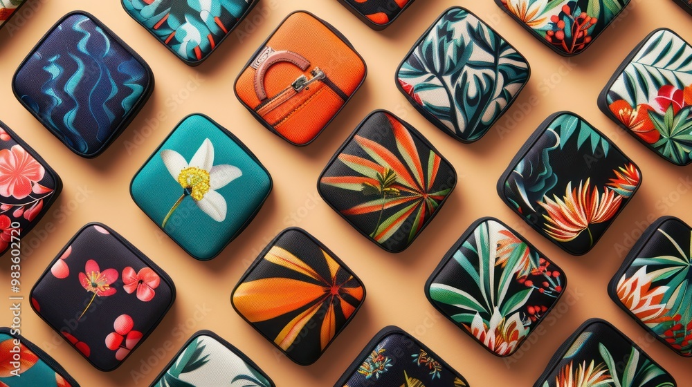 Fototapeta premium Colorful Square Cases with Tropical Prints