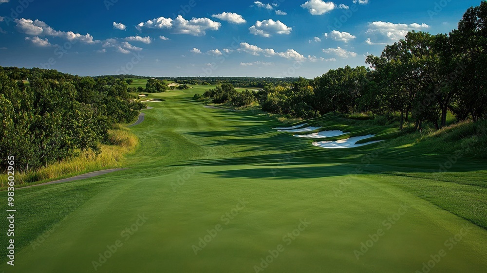 Naklejka premium A scenic view of a lush golf course under a vibrant sky, perfect for capturing the beauty of outdoor sports and recreation.