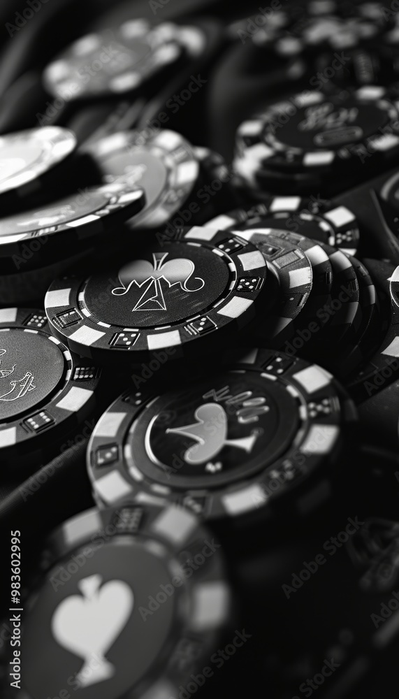 Stunning grayscale casino chips and cards against a bold black background in artistic composition