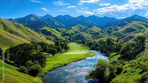 A picturesque landscape showcasing lush hills, a winding river, and majestic mountains under a bright blue sky.