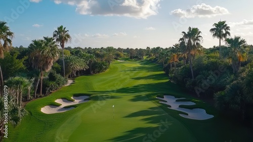 Aerial view of a vibrant golf course surrounded by palm trees, featuring lush greens and sandy bunkers under a bright sky.