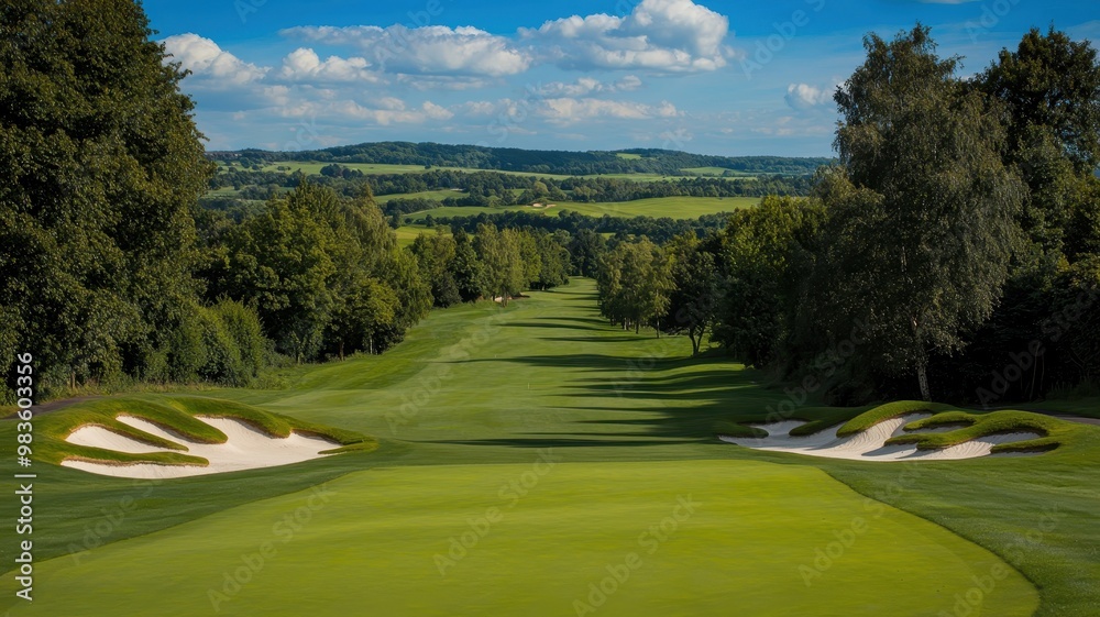 Stunning view of a lush golf course, featuring manicured greens and sand traps under a bright blue sky with fluffy clouds. Stunning view of a lush golf course, featuring manicured greens and sand traps under a bright blue sky with fluffy clouds.
