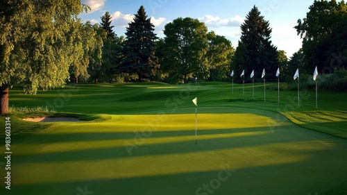 Wallpaper Mural Scenic view of a serene golf course at sunset, featuring lush green grass and multiple flags marking the putting greens. Torontodigital.ca