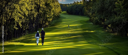 Two golfers walk down a serene green fairway surrounded by trees, enjoying a perfect day of leisure and sport.