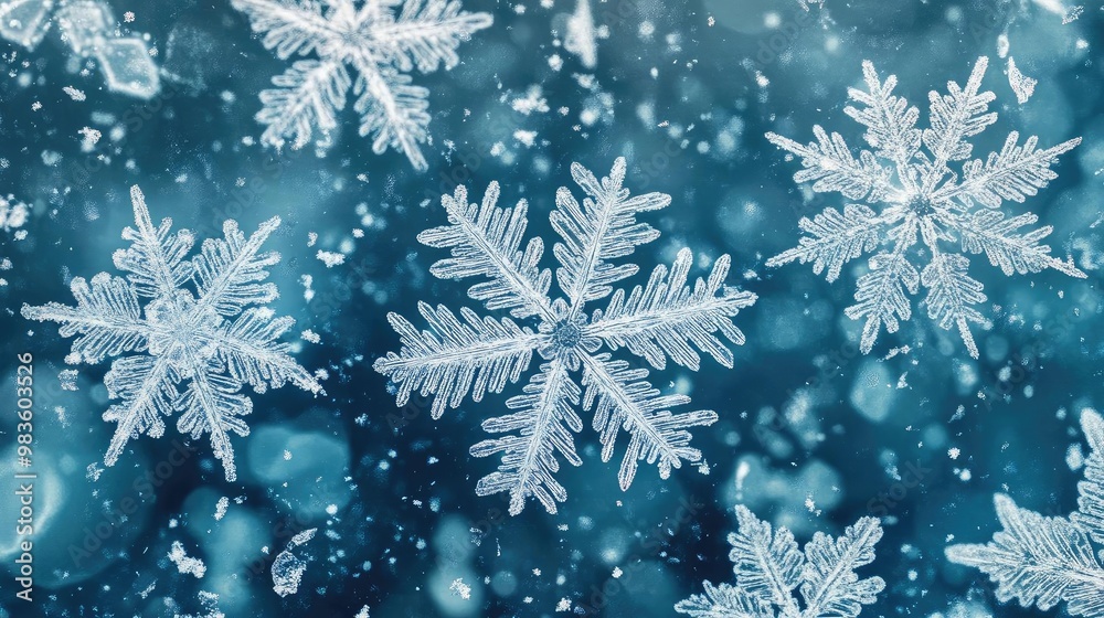 Beautiful snowflakes gently falling against a cool blue background, creating a serene, wintery atmosphere. Beautiful snowflakes gently falling against a cool blue background, creating a serene, wintery atmosphere.