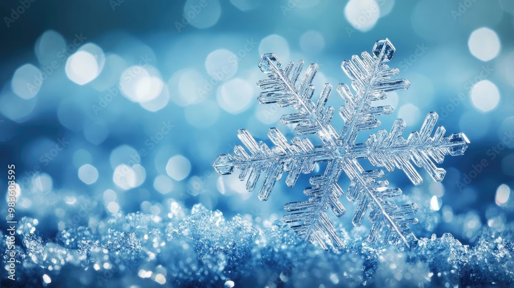 A sparkling snowflake rests on a bed of shimmering blue crystals, capturing the essence of winter's beauty and magic. A sparkling snowflake rests on a bed of shimmering blue crystals, capturing the essence of winter's beauty and magic.