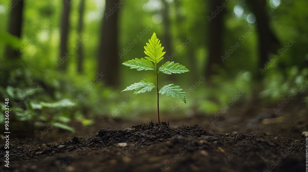 A Single Green Sapling Growing in a Forest A Single Green Sapling Growing in a Forest