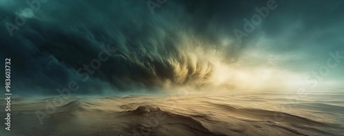 A dramatic landscape featuring swirling clouds and shifting sands, capturing the essence of nature's power and beauty.