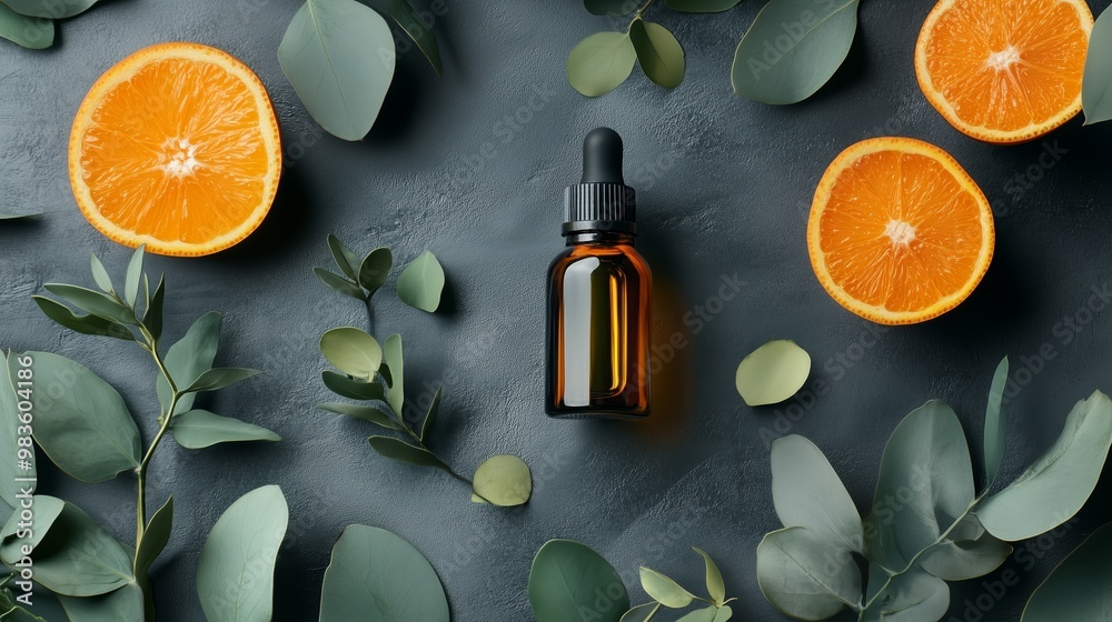 Aromatic orange and herbal essence bottle surrounded by fresh leaves and sliced oranges on a dark surface Aromatic orange and herbal essence bottle surrounded by fresh leaves and sliced oranges on a dark surface