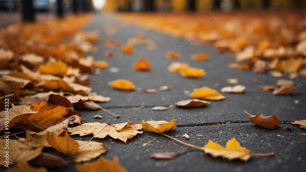 Autumn leaves scattered on sidewalk background