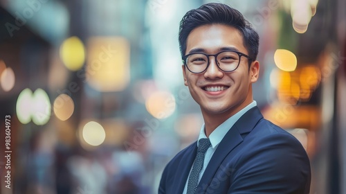 Confident Asian Businessman Smiling in City Street