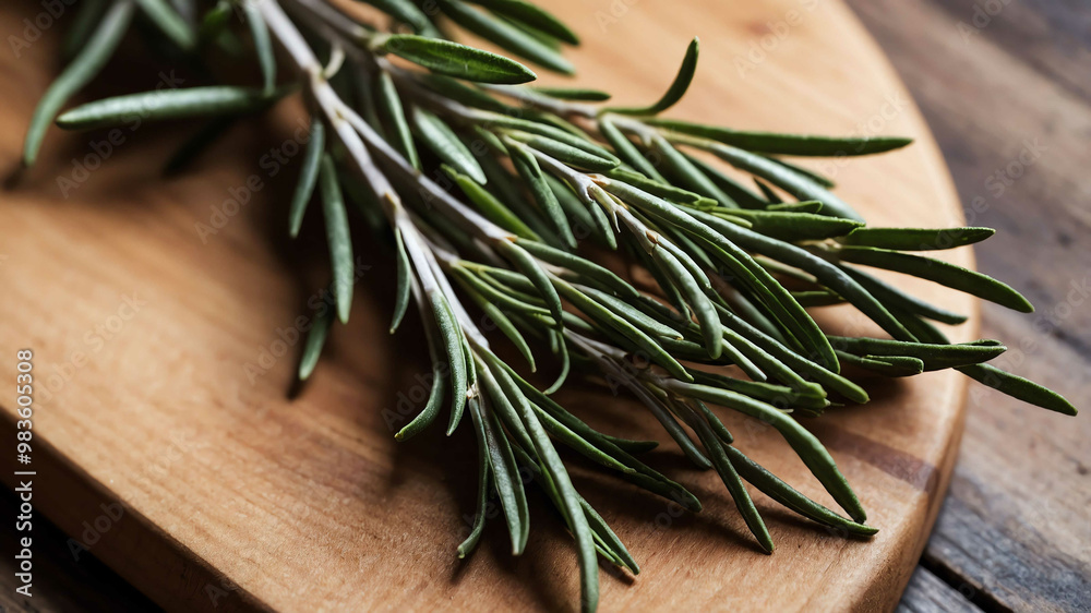 Obraz premium Fresh rosemary on wooden cutting board background