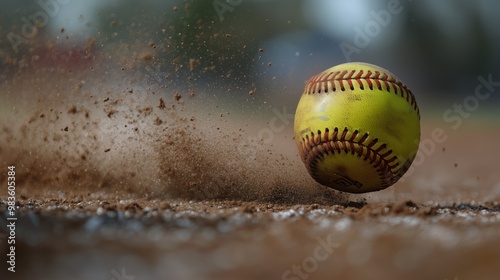 The softball ball in motion toward the dirt of the field