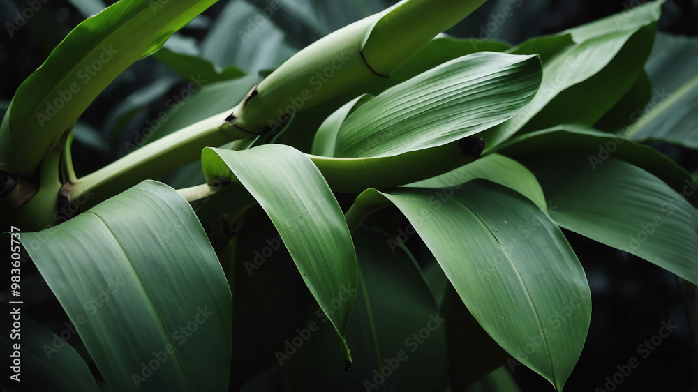 Fototapeta premium Green banana leaves swaying gently background