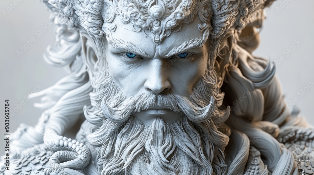 Detailed sculpture of a mythical figure with intense expression. Detailed sculpture of a mythical figure with intense expression.