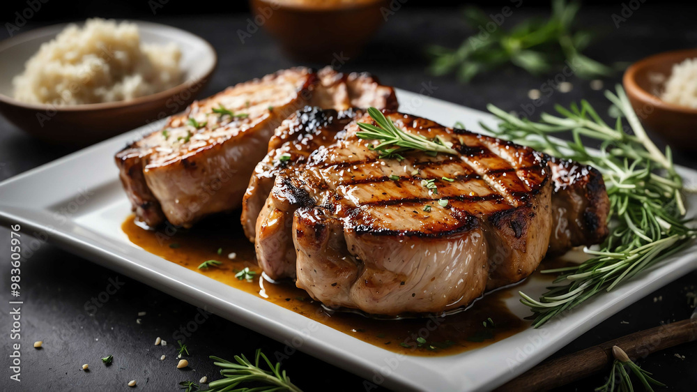 Grilled pork chops with garlic and herbs background Grilled pork chops with garlic and herbs background