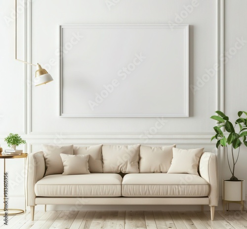 Minimalist living room interior with a blank picture frame for your design, 3D illustration