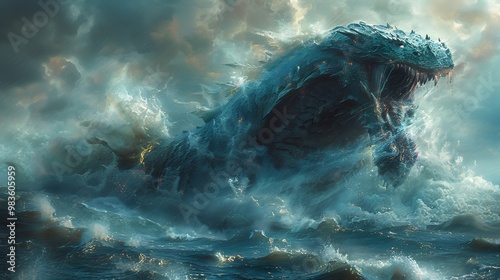 Myth of the Leviathan a massive sea serpent rising from the depths ancient biblical mythology turbulent waters fearsome and powerful symbol of chaos photo