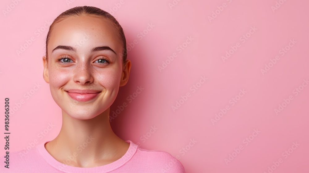 A cheerful young woman smiling against a soft pink background, radiating positivity and warmth.