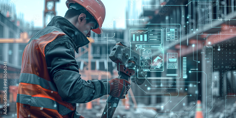 Construction Worker Using Digital Tools on Jobsite, Modern Construction Site with Augmented Reality Interface Construction Worker Using Digital Tools on Jobsite, Modern Construction Site with Augmented Reality Interface