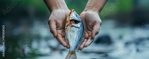 A close-up of hands holding a freshly caught fish, showcasing the beauty of nature and fishing culture in a serene environment. photo