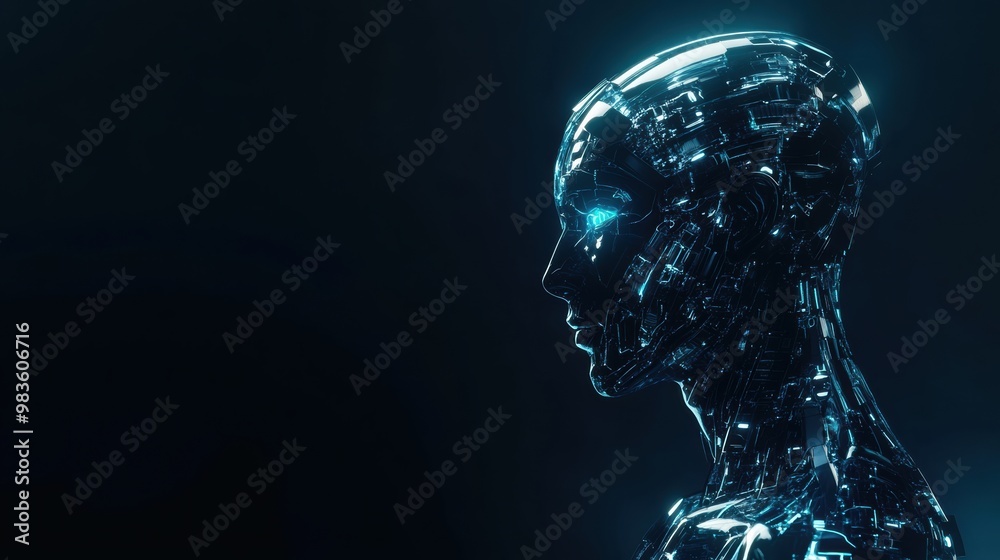 Futuristic Cyborg Head with Glowing Digital Technology Features Futuristic Cyborg Head with Glowing Digital Technology Features