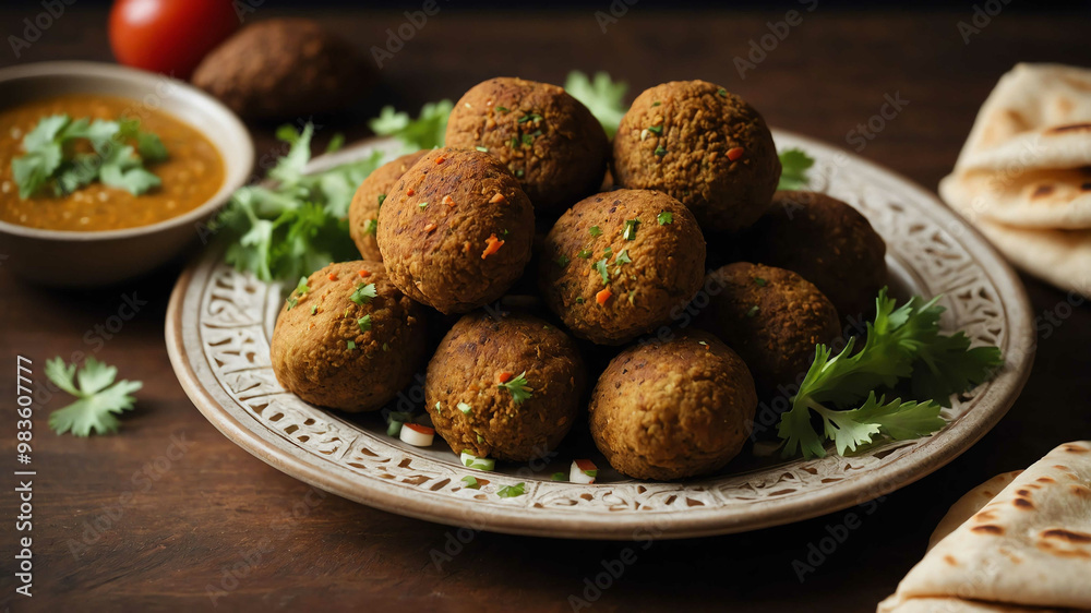 Plate of falafel with pita bread background Plate of falafel with pita bread background