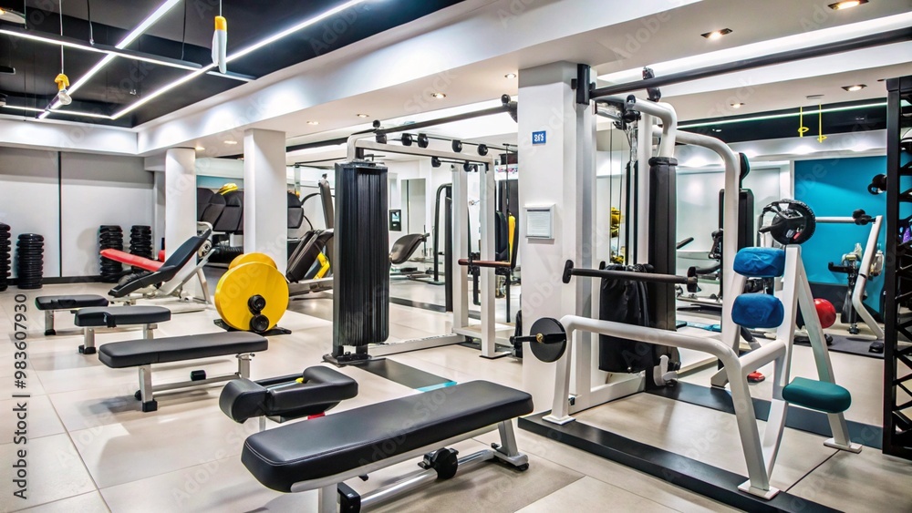 A modern, well-equipped gym with weight machines, benches, and other fitness equipment. A modern, well-equipped gym with weight machines, benches, and other fitness equipment.