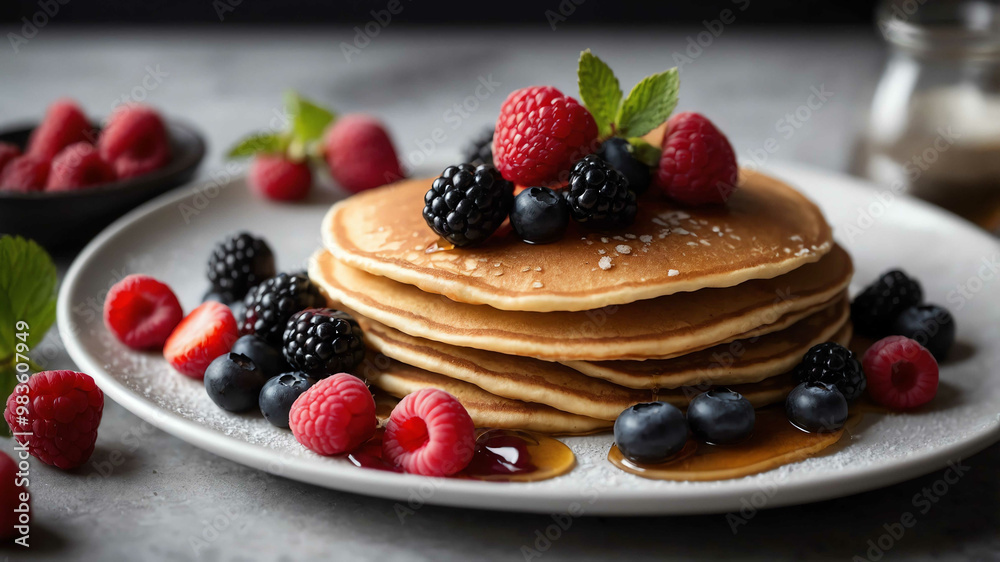Plate of pancakes with mixed berries background Plate of pancakes with mixed berries background