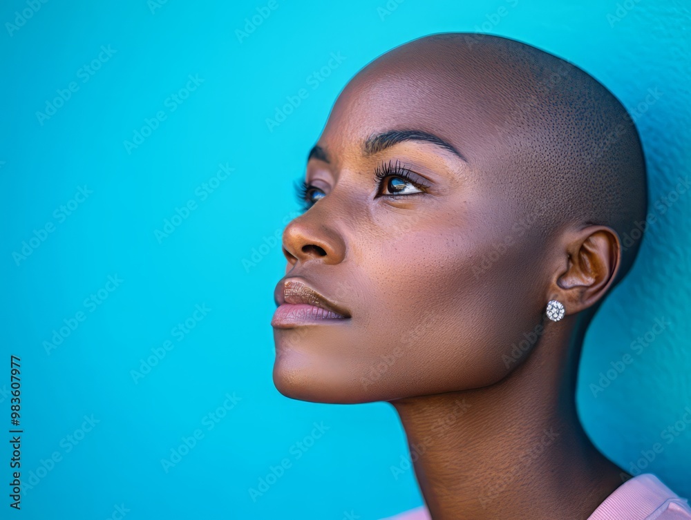 A portrait of a confident woman against a vibrant blue background, showcasing beauty and elegance with a minimalistic style.