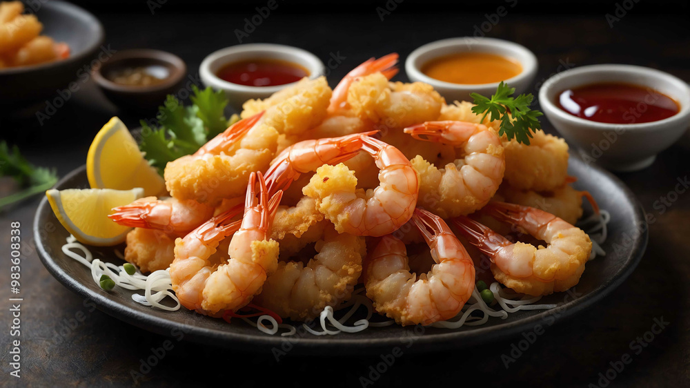 Platter of shrimp tempura with sauce background Platter of shrimp tempura with sauce background