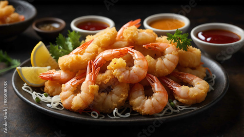 Platter of shrimp tempura with sauce background