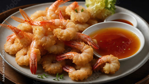 Platter of shrimp tempura with sauce background