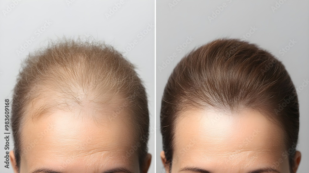 Capture a patient's head before and after a FUE (Follicular Unit Extraction) hair transplant procedure to showcase the natural-looking results Capture a patient's head before and after a FUE (Follicular Unit Extraction) hair transplant procedure to showcase the natural-looking results