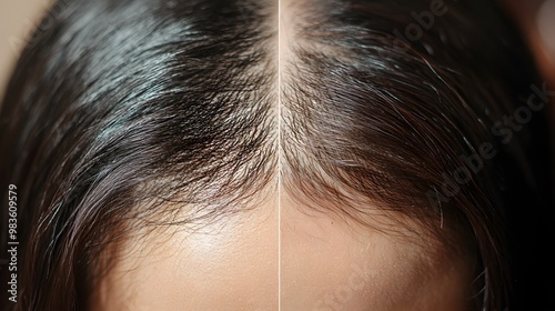 Close-up of the crown before and after laser hair therapy, showcasing significant reduction in bald patches, Photorealistic, Soft Shadows photo