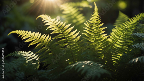 Foto Sun dappled fern leaves outdoors background