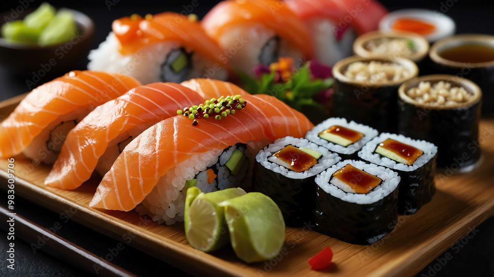 Sushi platter with soy sauce background Sushi platter with soy sauce background
