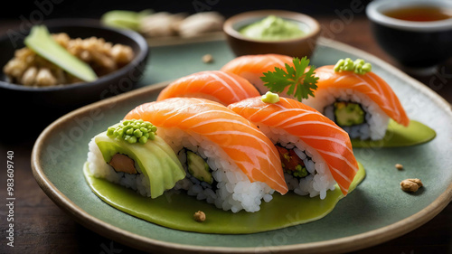 Sushi platter with wasabi and ginger background