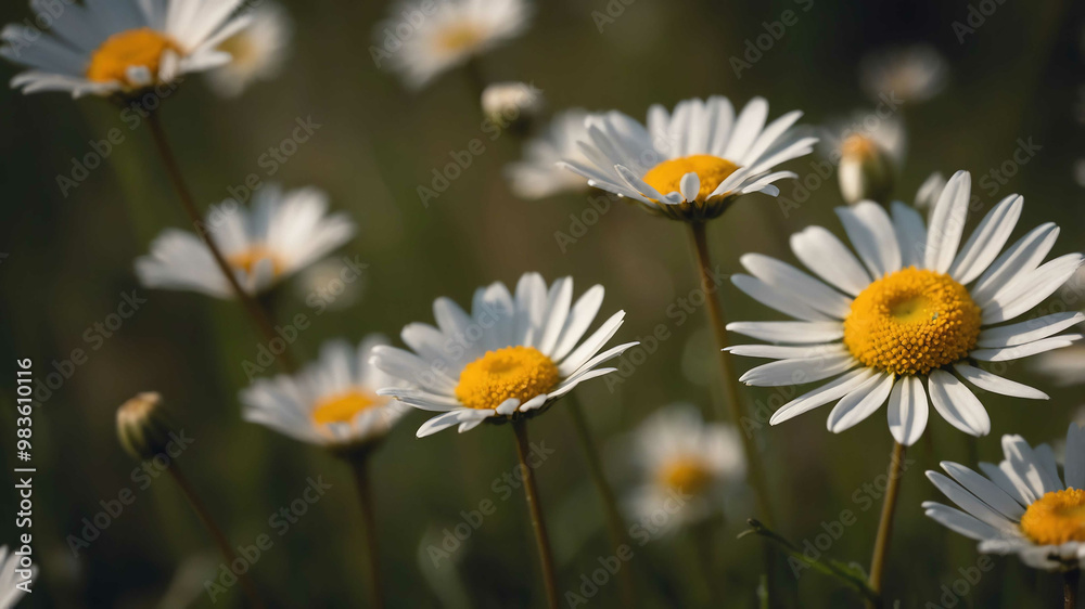 Wild daisies blooming in meadow background Wild daisies blooming in meadow background