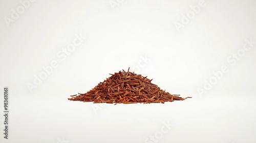 a clean, minimalist image with a small pile of dried rooibos leaves placed at the center of a pure white background