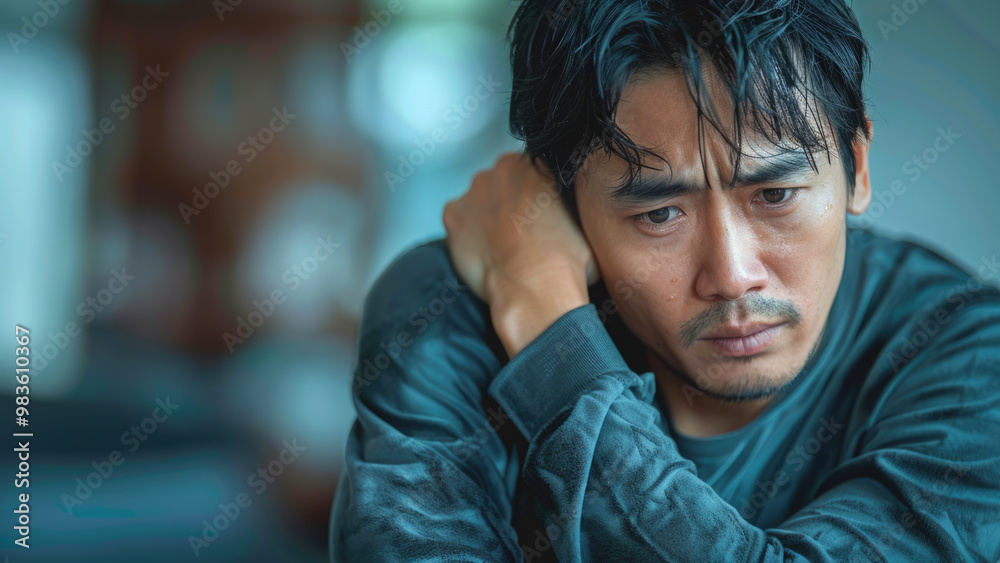Young man with neck pain holding his neck in discomfort. Young man with neck pain holding his neck in discomfort.